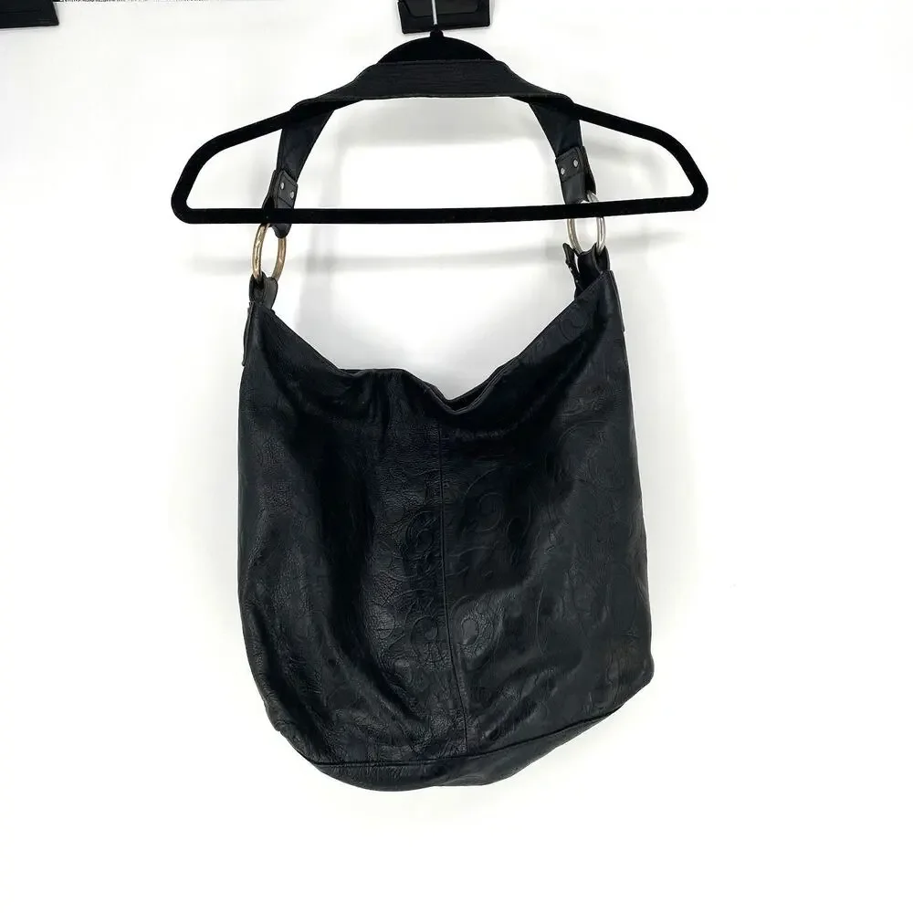 Ellington Black Embossed Leather Hobo Shoulder Bag Slouch Purse Boho Large